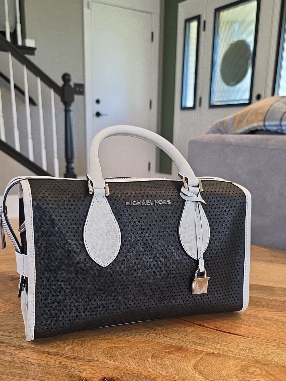 Michael Kors Black and White Perforated Dome Satchel